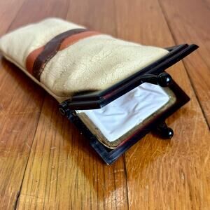 Vintage 1970s Cream Leather Glasses Case with Stripes & Tortoiseshell Clasp